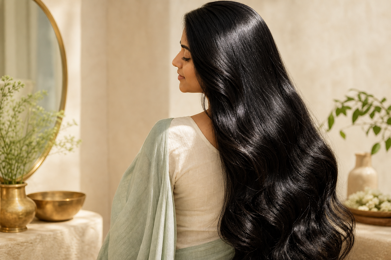 Indian woman with long strong glossy black hair