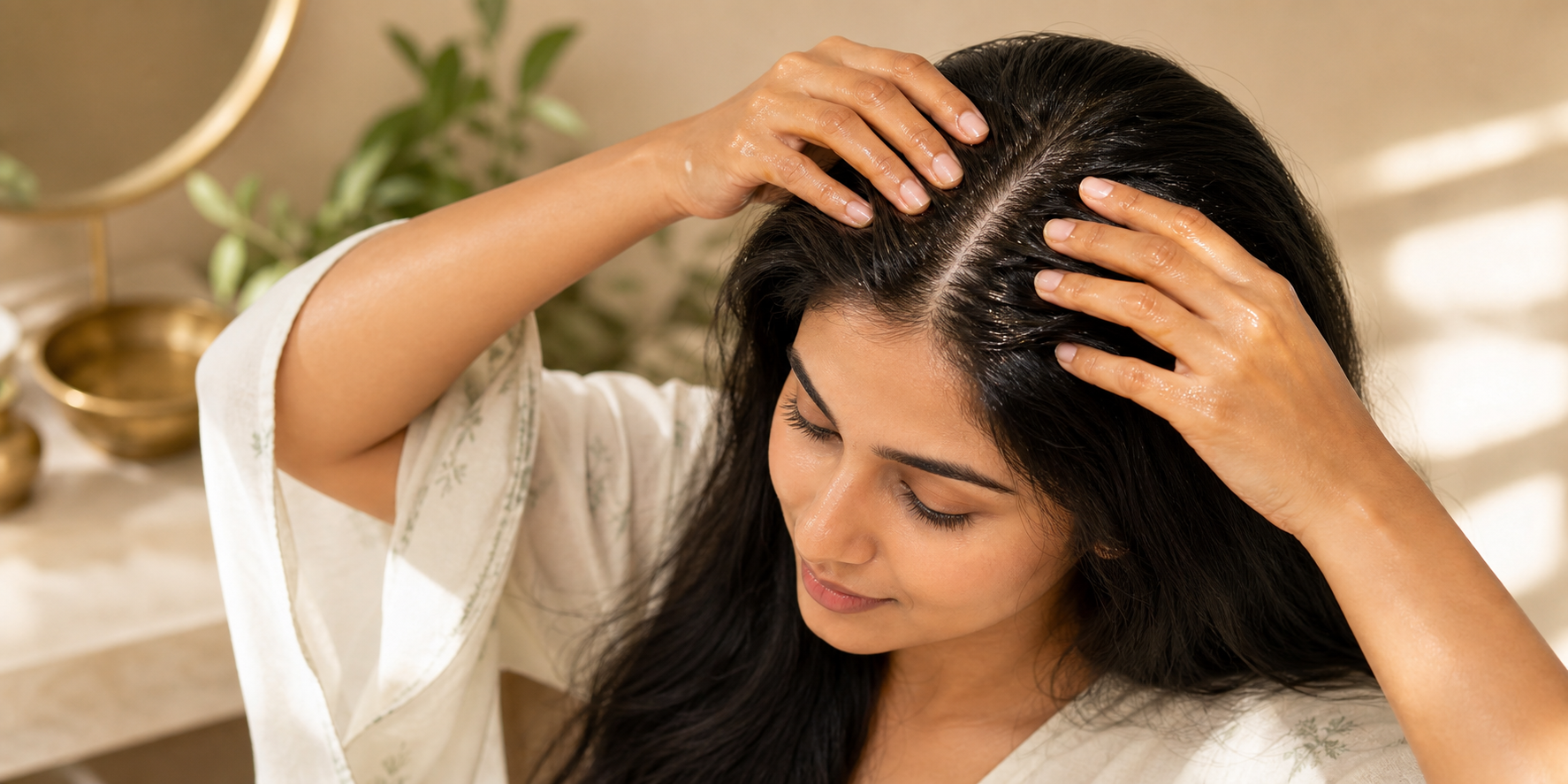Indian woman massaging oil into a clean scalp