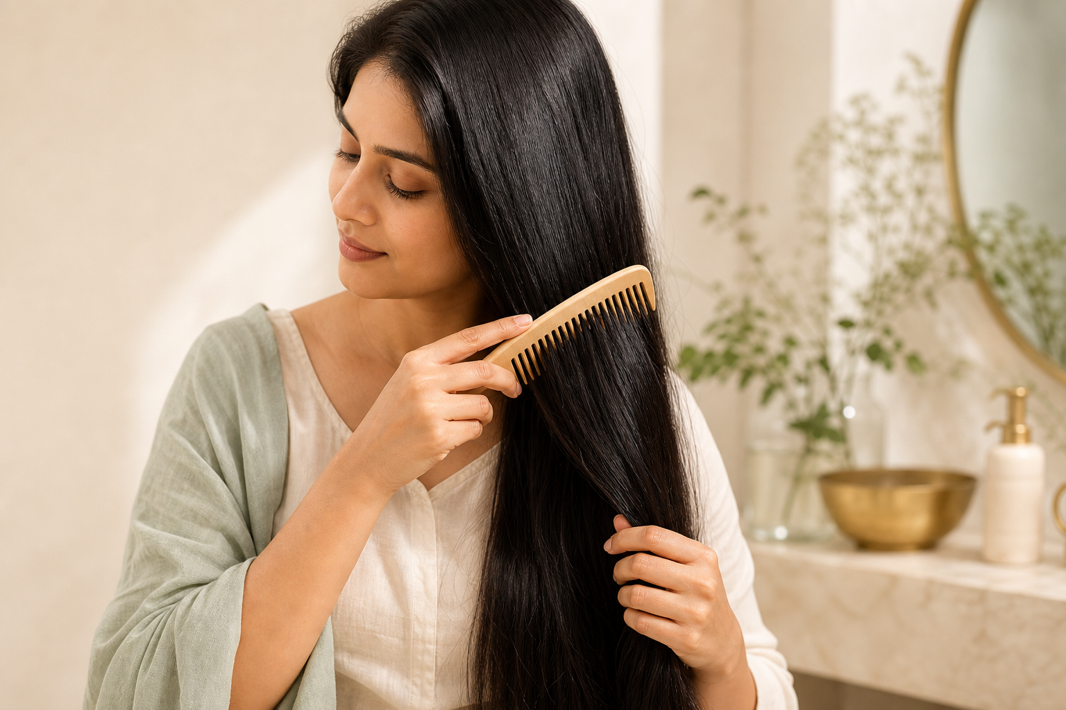Indian woman gently combing long black hair